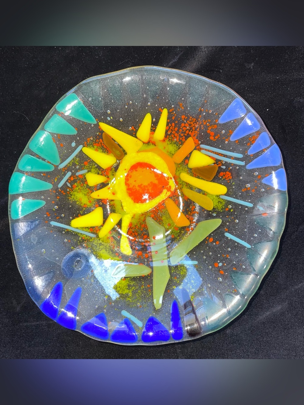 Sunflower Flower Abstract Glass 7.5” Bowl Original Design Handmade
